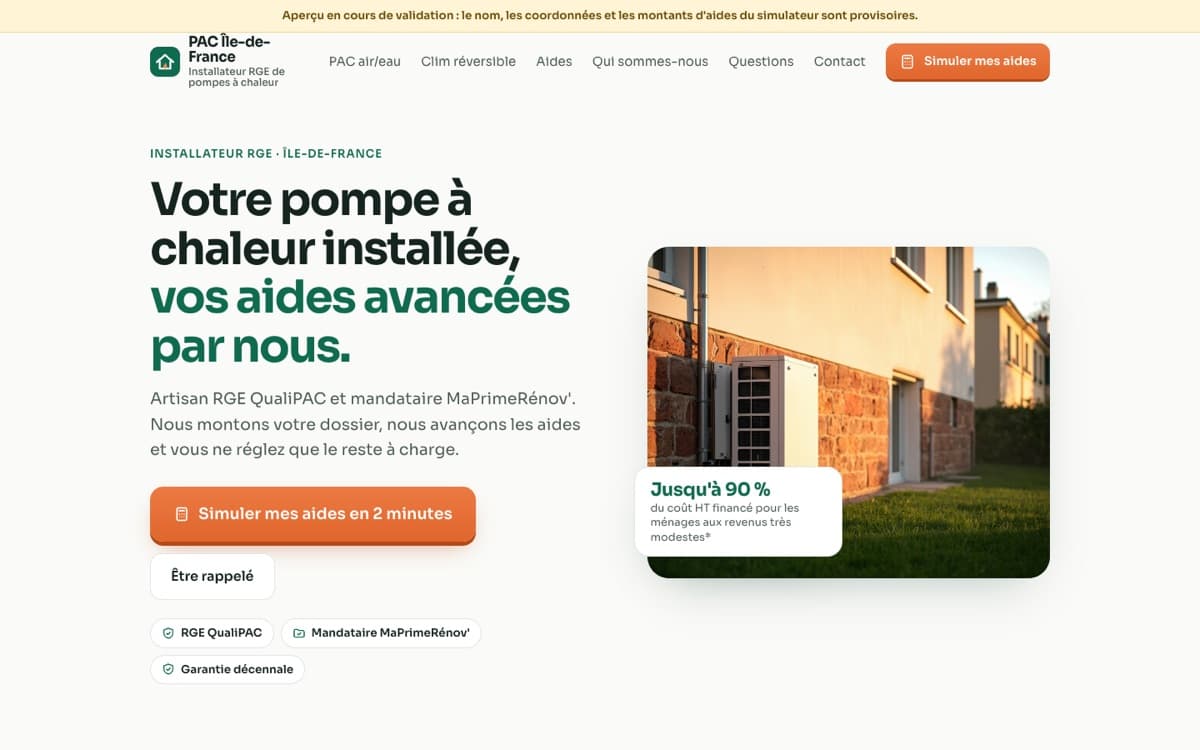 Pompe à chaleur Île-de-France : Showcase site · Local SEO, built by Moovtips