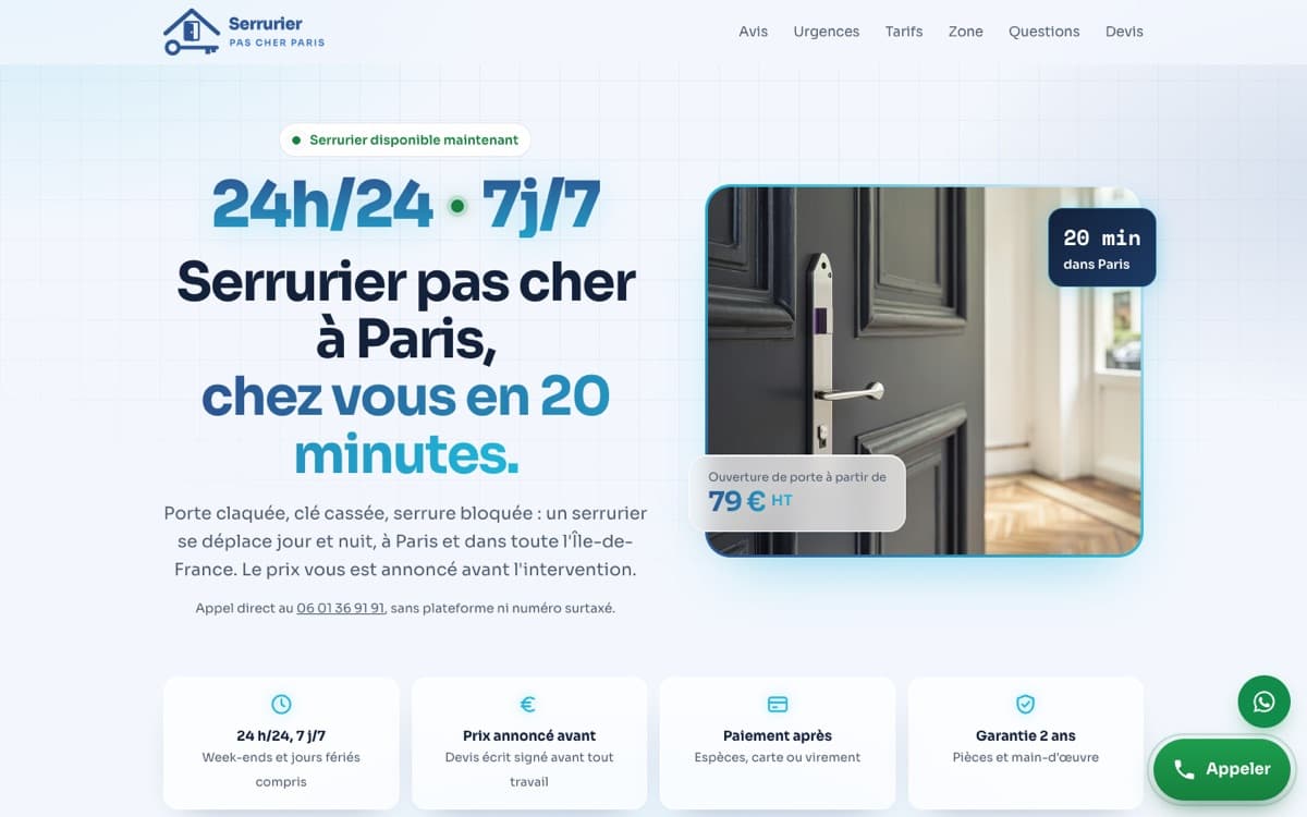 Serrurier pas cher Paris : Showcase site · Local SEO · AI visuals, built by Moovtips
